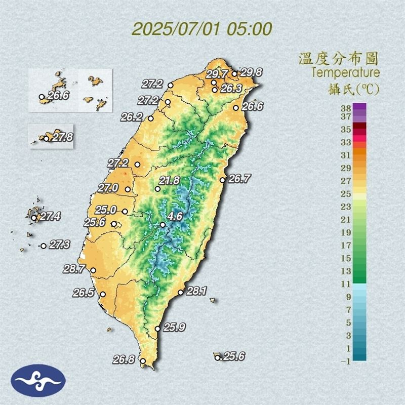 氣象署觀測資料顯示,台北市今晨5時還有29.7度。(圖/翻攝自中央氣象署)