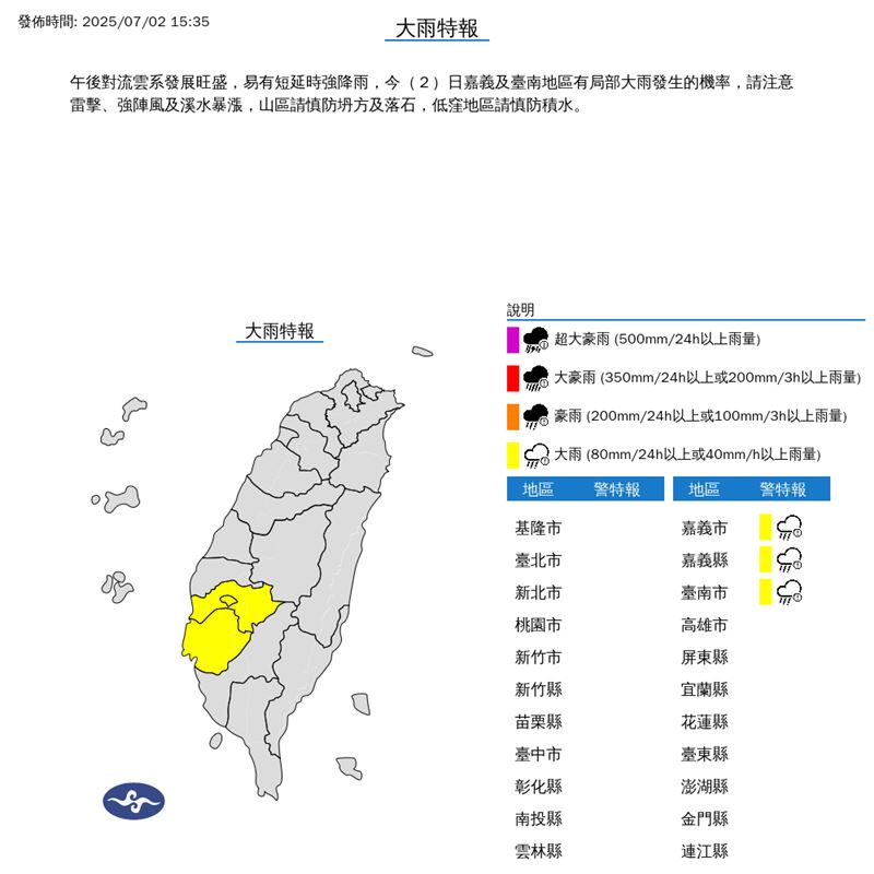 3縣市大雨特報。(圖/翻攝自氣象署)