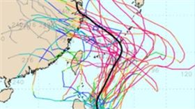 1日20時美國系集模式對菲律賓東方之「輕颱」的模擬路徑，吳德榮觀察，預報呈現分歧，但接近台灣的路徑增多。(圖／擷自weathernerds)