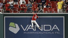 ▲國民中外野手楊恩（Jacob Young）攀牆沒收全壘打。（圖／美聯社／達志影像）