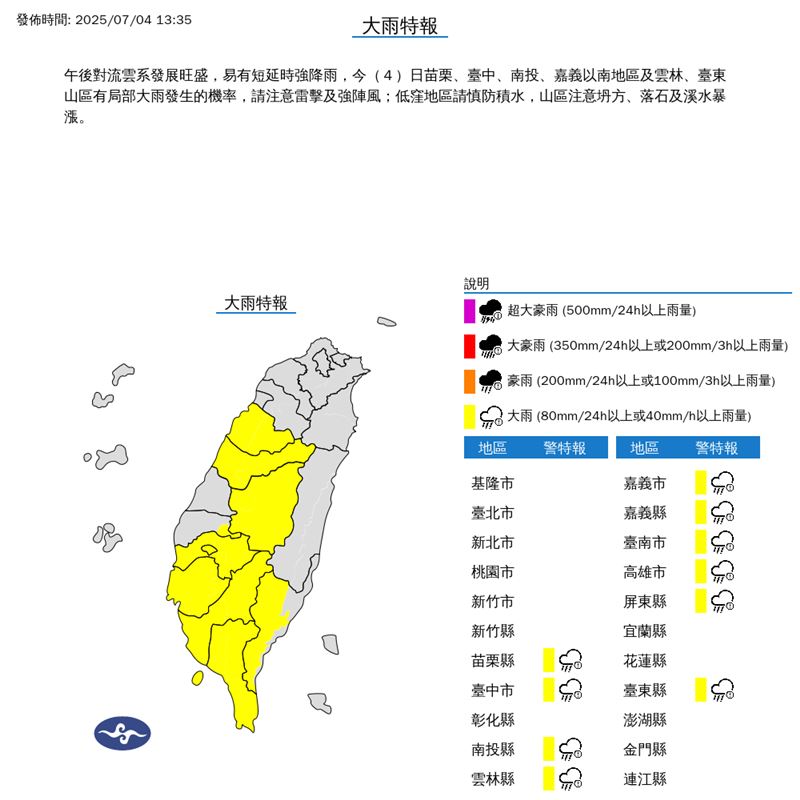 10縣市大雨特報。(圖/氣象署)