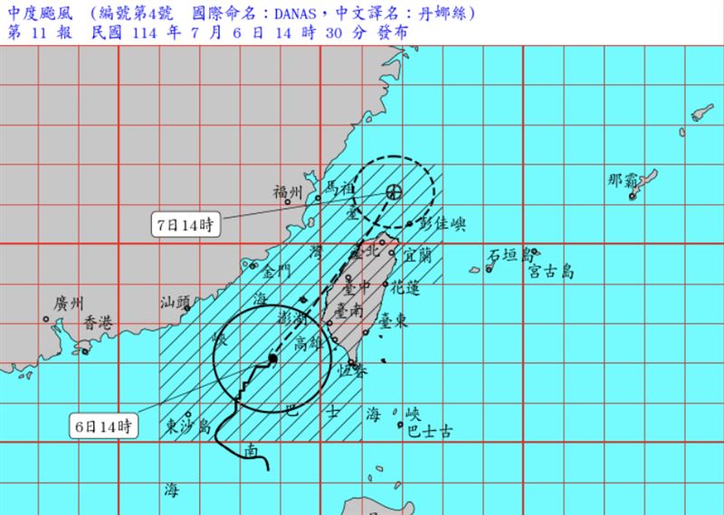 中颱丹娜絲將侵台，台北市晚間八點開始，執行全市疏散門及越堤坡道「只出不進」管制。（圖／中央氣象署提供）