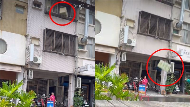 當時1樓有名婦人站在騎樓內等候物品掉下來,另一名穿著雨衣的婦人則是在馬路上瘋狂揮動雙手。(圖/爆廢公社公開版)