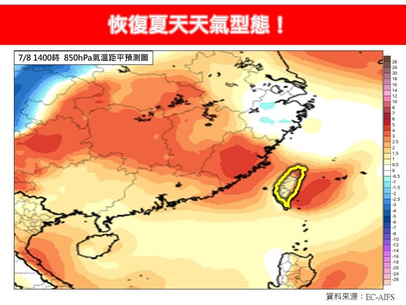 林得恩表示，今日各地高溫重新回到攝氏32至36度之間。（圖／翻攝自林老師氣象站臉書）