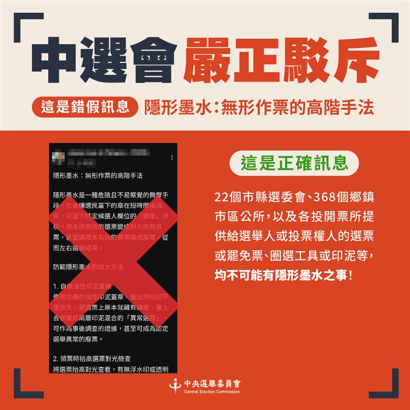 網傳「隱形墨水：無形作票的高階手法。」中選會駁斥不可能有隱形墨水之事！」。（圖／中選會提供）