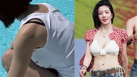 權恩妃身上側胸、後頸等多處刺青位置跟著曝光。（組合圖／翻攝自Ｘ）