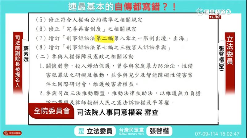 只因錯一個字、回答字數比題目少43字，就讓張啓楷相當不滿。（圖／翻攝自國會頻道）