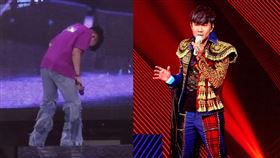 林俊傑曾被拍到台上唱歌一半表情痛苦狀手抱胸、腿腳顫抖。（圖／翻攝自微博）