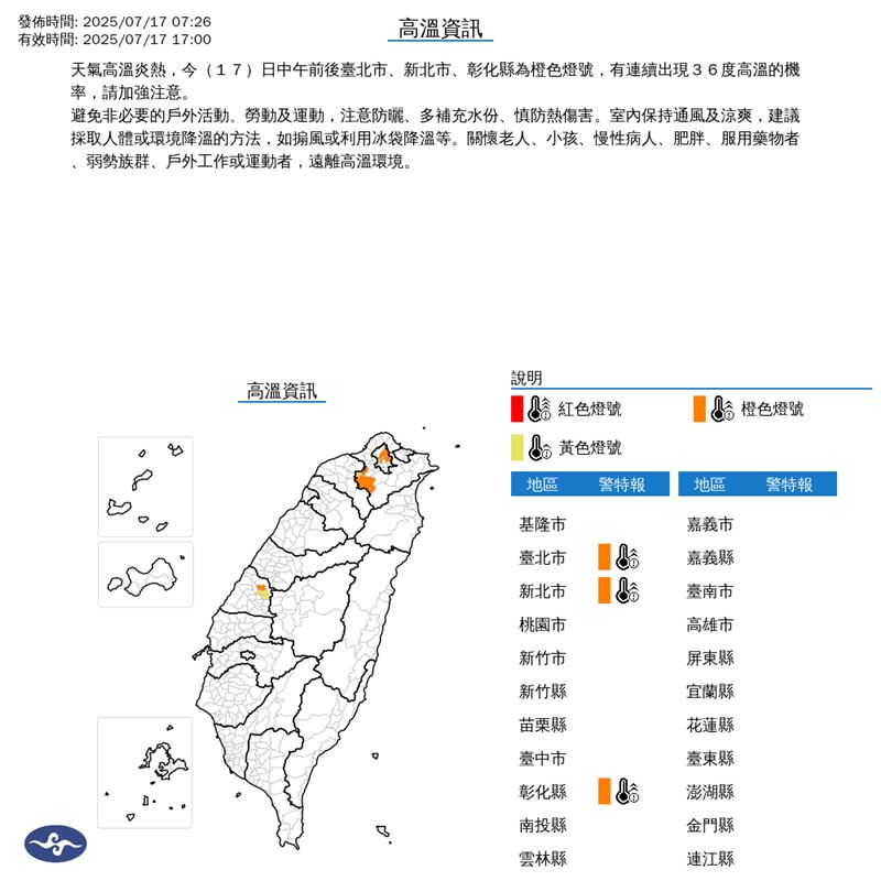 氣象署針對3縣市發布高溫特報。(圖/翻攝自中央氣象署)