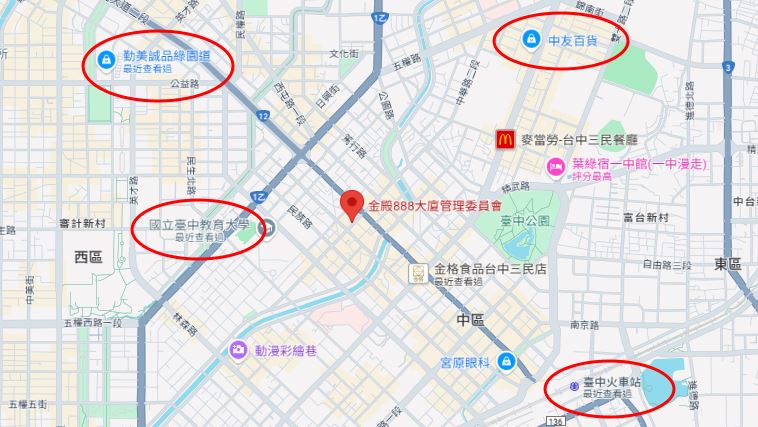 台中火車站、一中街、台中教育大學、勤美誠品綠園道等知名地點都在金殿888大樓周遭，騎機車不用10分鐘就能到。（圖／翻攝自Google Map）