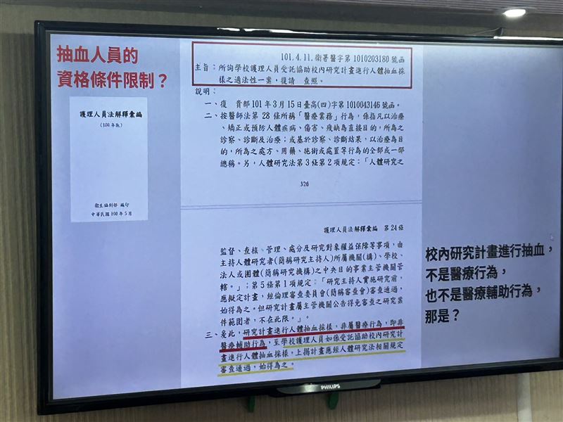 林淑芬揭露衛福部曾於101年函釋,指研究計畫人體抽血非屬醫療行為。(圖/記者簡浩正攝影)