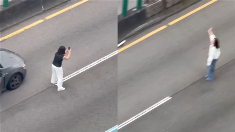 2名女子在韌性演習時跑下車拍照。(圖/@chentx_1009授權提供,未經同意請勿轉載)