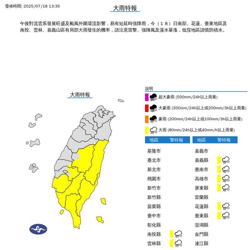 氣象署針對8縣市發布大雨特報。（圖／翻攝自氣象署）