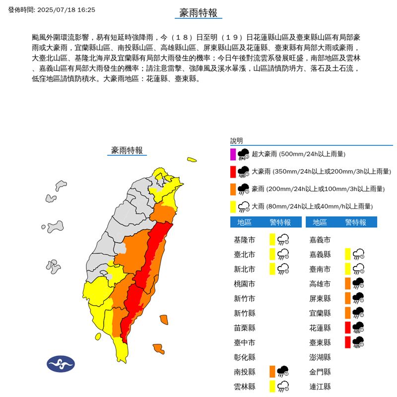 氣象署對全台12個縣市發布大豪雨、豪雨、大雨特報。（圖／翻攝自氣象署）