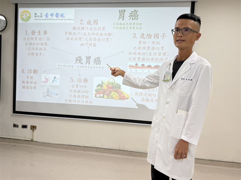 80多歲婦人因罹患胃癌切除一半的胃，不到一年又檢查出癌細胞，罹患「殘胃癌」。(圖／臺中醫院提供)