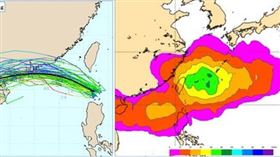 左圖：最新(18日20時)歐洲系集模式(ECMWF)，今日至下週三(19至23日)的模擬路徑路徑顯示，「薇帕」中心通過巴士海峽，進入南海，登陸廣東。(擷自weathernerds)

右圖：最新(18日20時)歐洲系集模式(ECMWF)，下週六(26日)20時暴風圈侵襲機率圖顯示，以從台灣東側北轉的機率最高，北台灣被侵襲的機率約40%。