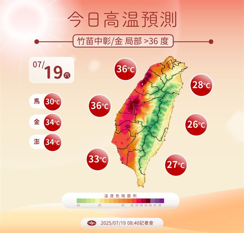 今新竹、苗栗、台中與彰化高溫恐上看36度。（圖／翻攝自中央氣象署）