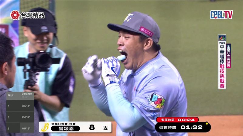 中信兄弟曾頌恩全壘打大賽,總教練平野惠一送上吃一半的冰棒。(圖/翻攝自CPBLTV)