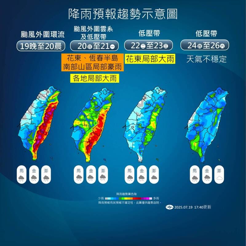 下週前期天氣受颱風外圍環流、低壓帶影響,花蓮、台東、屏東山區要留意豪雨等級的降雨。(圖/氣象署)