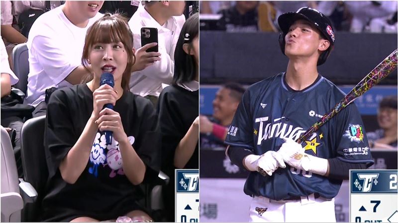 陳晨威與女友Julia隔空放閃。(圖/翻攝自CPBLTV)