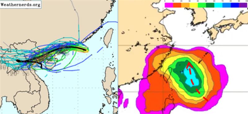「薇帕」挾強風豪雨，侵襲港、澳、廣東沿岸一帶；下週熱帶系統台灣東側北轉的機率最高70%。（圖／翻攝自洩天機教室）