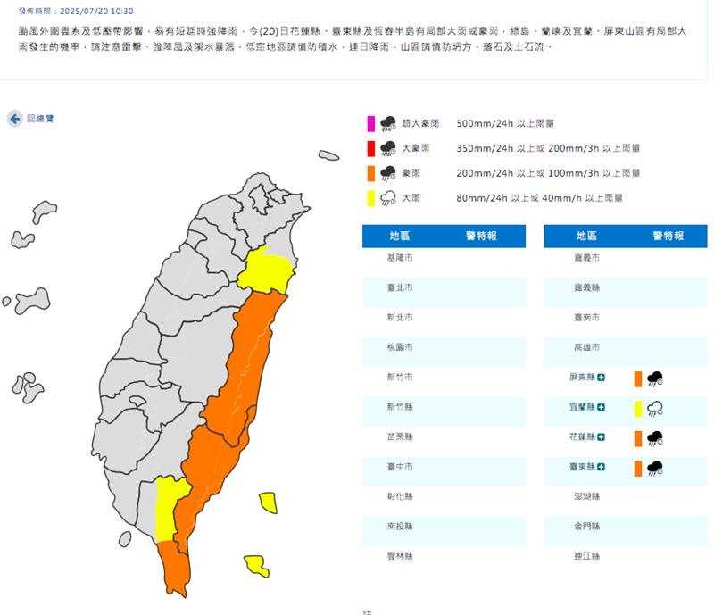 4縣市豪雨特報，恐一路下到晚上。（圖／翻攝自氣象署官網）