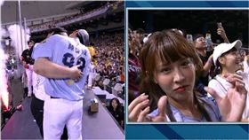 ▲陳晨威激吻Juicy，女友做出心碎手勢。（圖／翻攝自CPBLTV）