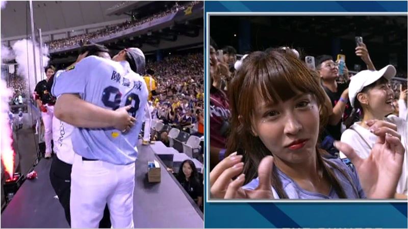 陳晨威激吻Juicy,女友做出心碎手勢。(圖/翻攝自CPBLTV)