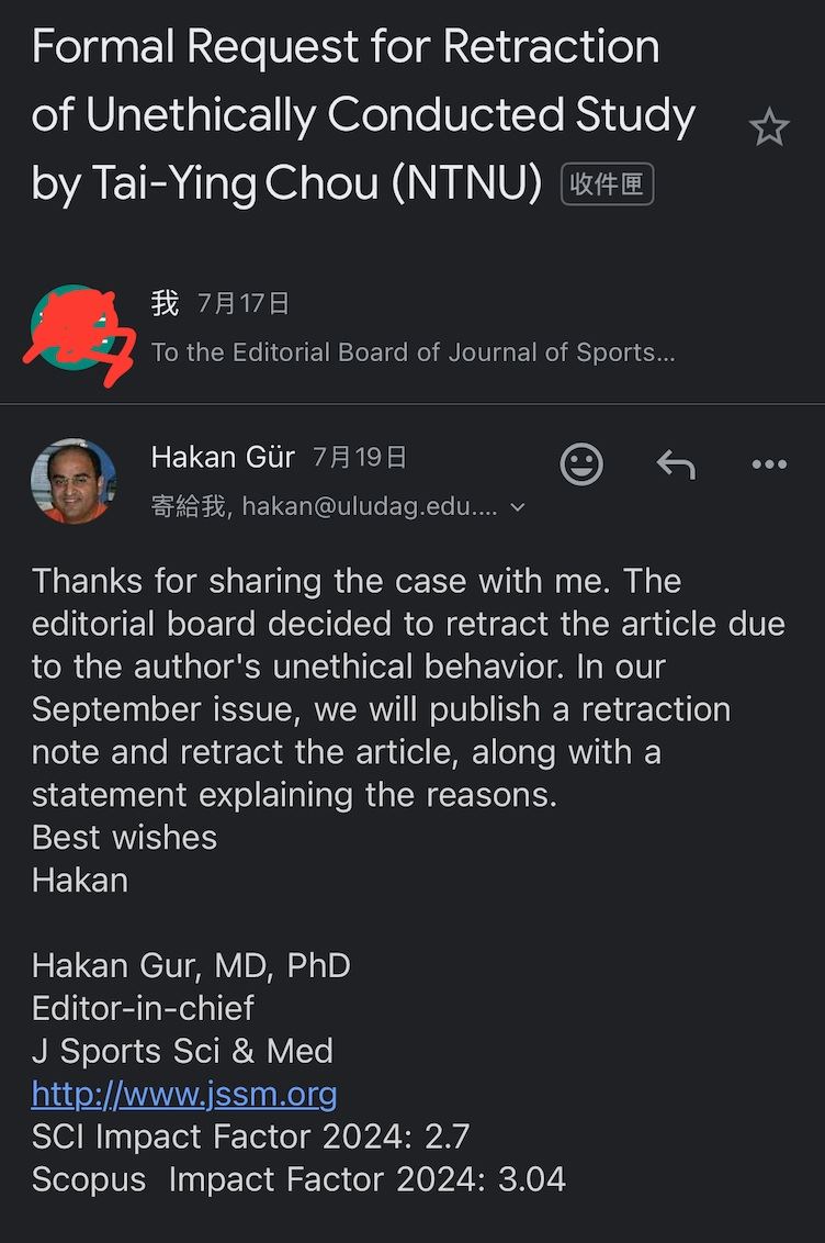 《運動科學與醫學》主編回覆網友，將會在9月出刊的期刊上公開撤稿聲明。（圖／翻攝自threads@chien_chi_sheng）