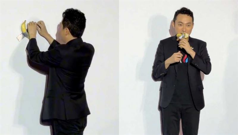 Tron創辦人孫宇晨斥資620萬美元買下《喜劇演員》後，將香蕉吃掉。（圖／翻攝自Ｘ@sunyuchentron）