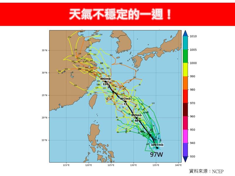 林得恩表示，22日前後，於菲島東方海域開始有熱帶擾動97W形成的訊號。（圖／翻攝自林老師氣象站臉書）