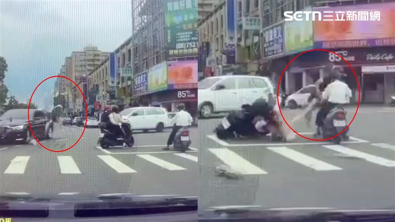 騎士闖紅燈撞上BMW，如人肉飛彈拋波及待轉區。（圖／翻攝畫面）