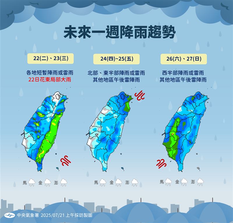 低壓帶影響,未來雨彈連炸一週。(圖/氣象署)