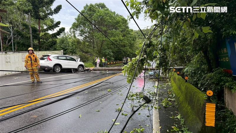 休旅車逆向衝撞車禍撞斷電線桿，導致電桿傾倒、電纜散落一地。（圖／翻攝畫面）