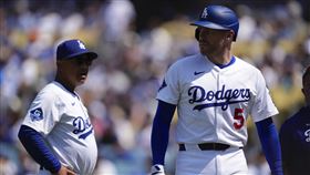 ▲佛里曼（Freddie Freeman）在6局下被觸身球襲擊。（圖／美聯社／達志影像）