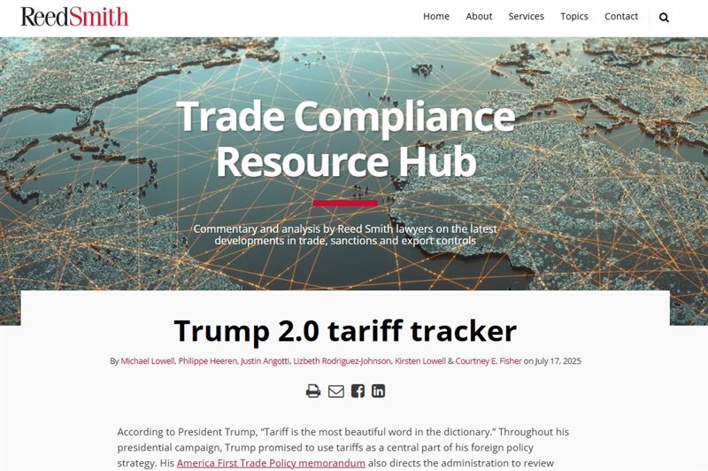Reed Smith律師事務所旗下網站「Trade Compliance Resource Hub」,被誤認為美國官方公布稅率來源,實際上僅為私人法律意見整理平台,其數據未及時反映各國最新談判進度,非屬官方。(圖/翻攝自ReedSmith官網)