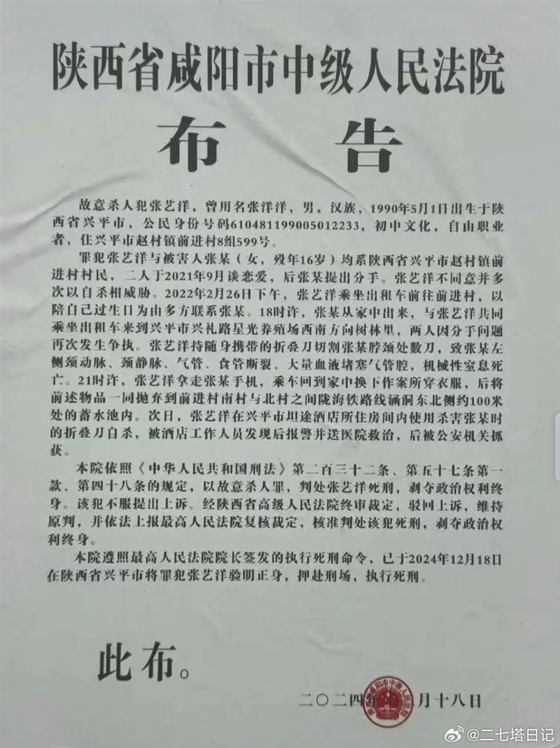 張藝洋被以「故意殺人罪」判處死刑,去年年底已執行。(圖/翻攝自微博)