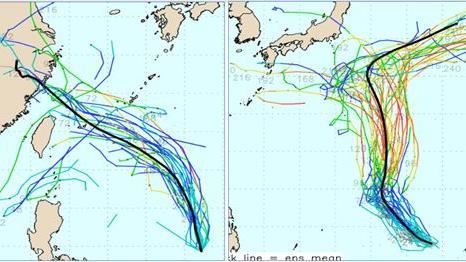 歐洲模式路徑模擬圖顯示，熱帶系統通過台灣東側海面、進入北部海面（左）。 另一熱帶系統在關島北方海面（右）