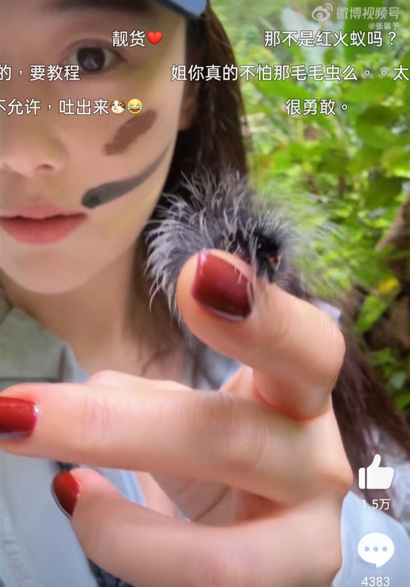 張馨予將毛毛蟲放在手中。(圖/翻攝自張馨予微博)