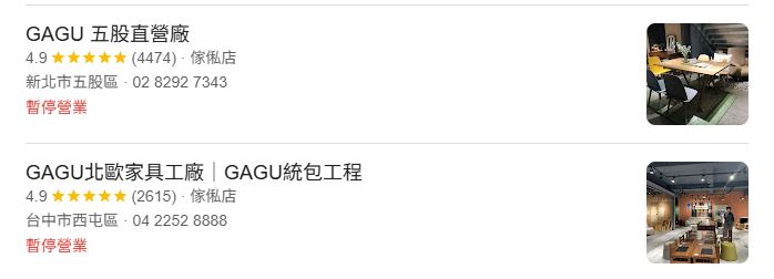 「GAGU北歐家具工廠」五股直營廠與台中西屯廠,皆顯示暫停營業。(圖/翻攝自google)