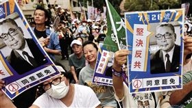 挺罷民眾19日湧入立法院周邊道路，高舉反共、同意罷免宣傳圖卡。