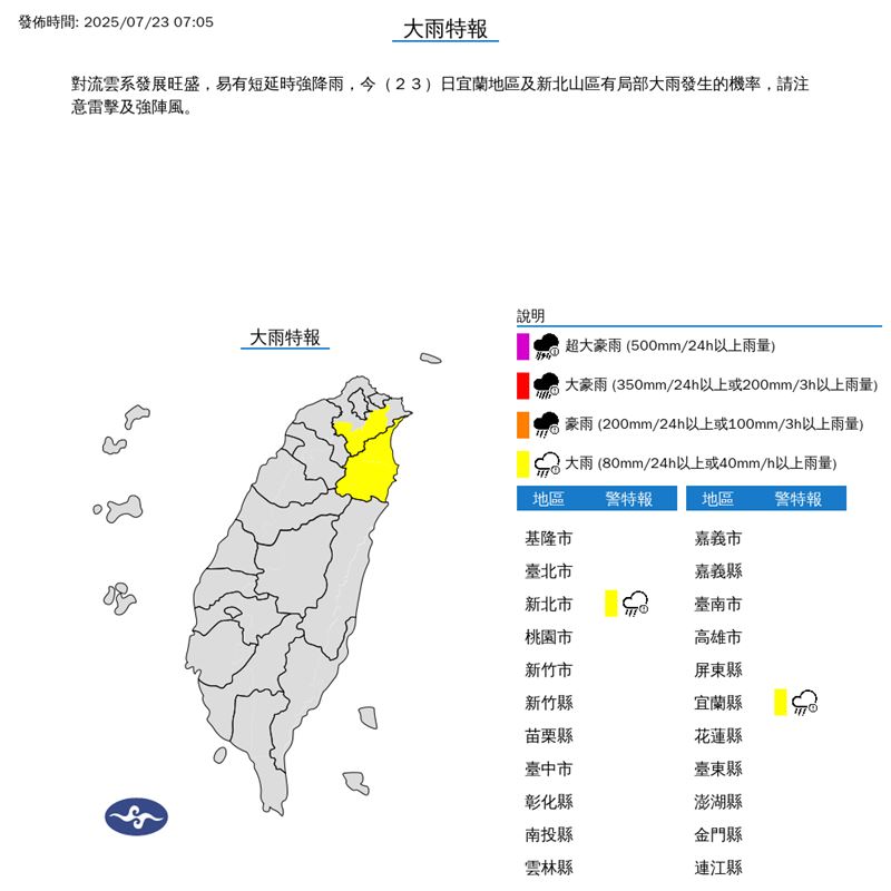 中央氣象署發布大雨特報。(圖/中央氣象署)