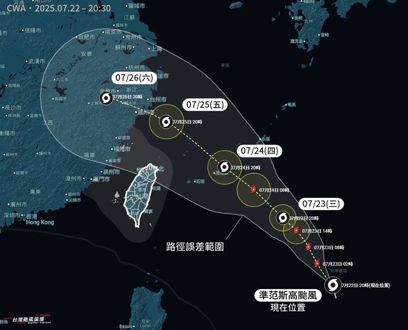 粉專透露,這次颱風雖然看起來很大顆,但其實是「假貨」。(圖/翻攝自台灣颱風論壇|天氣特急Threads)