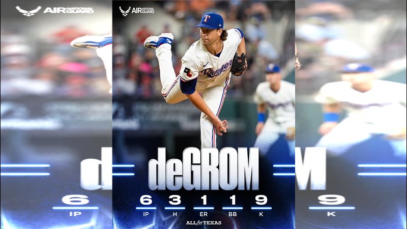 狄格隆(Jacob deGrom)先發6局失1分,拿下本季第10勝。(圖/翻攝自遊騎兵推特)