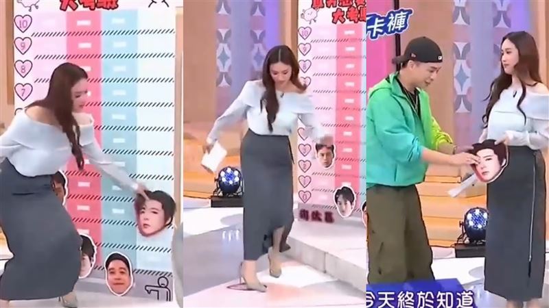 吳姍儒拿下代表派翠克的劉宇寧頭像,狠狠的用高跟鞋踩了好幾下。(圖/翻攝自Youtube)