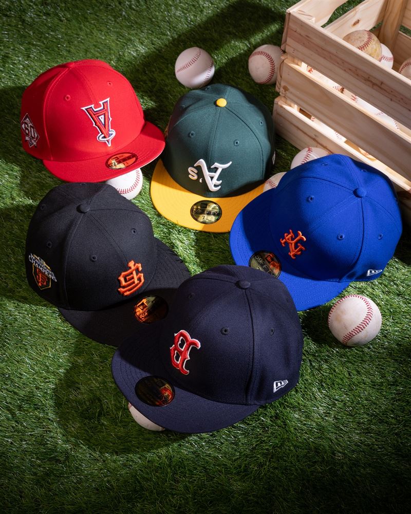 NEW ERA「UPSIDE DOWN」反轉系列推出五頂隊伍代表色的 59FIFTY帽款系列。（圖／品牌業者提供）