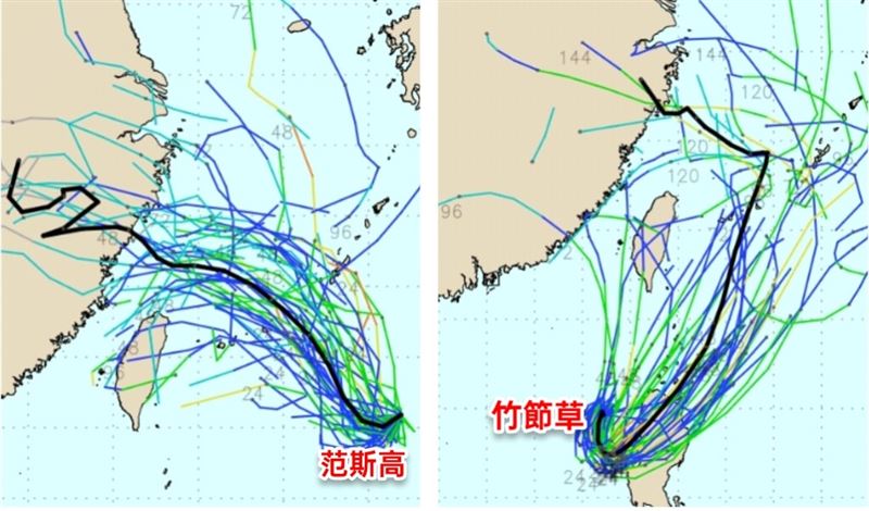 范斯高、竹節草颱風的最新電腦數值預測路徑，有部分預測路徑將登陸台灣。（圖／翻攝自觀氣象看天氣臉書）