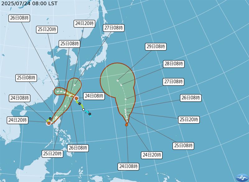 TD12（右）以每小時22公里速度，向北北東進行。（圖／翻攝自氣象署）