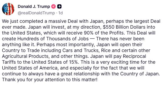 川普在自家社群平台Truth Social上發文,表示日本將對美進行5,500億美元投資,也與資料板卡上的數字不一致。(圖/翻攝自川普Truth Social)
