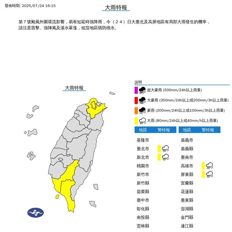 4縣市大雨特報。(圖/翻攝自氣象署)